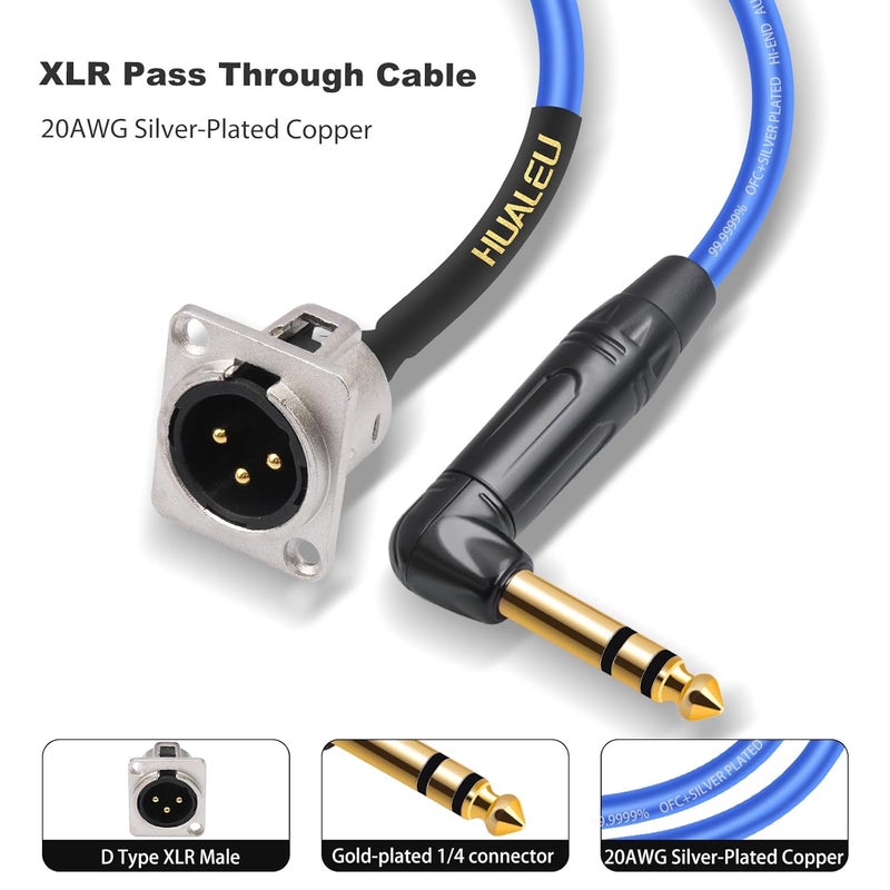 HUALEU كابل تمرير 2 قدم 1/4 إلى XLR، نوع D 3 دبابيس XLR ذكر إلى 6.35 مم TRS ذكر بزاوية قائمة، كابل صوت صندوق أرضي-20AWG موصل نحاسي مطلي بالفضة، يتضمن براغي تثبيت-عبوة 2 - Image 2